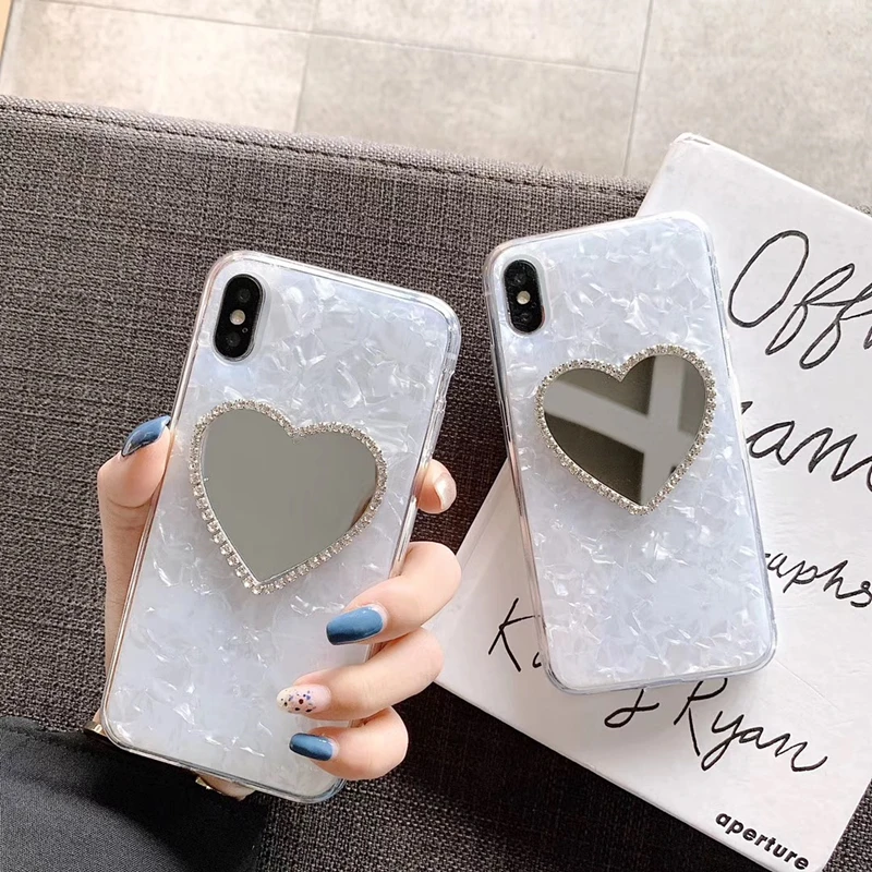 

3D Cute love heart diamond mirror shell Glitter soft phone case for iphone X XR XS MAX 6S 7 8 plus for samsung S8 S9 S10 Note