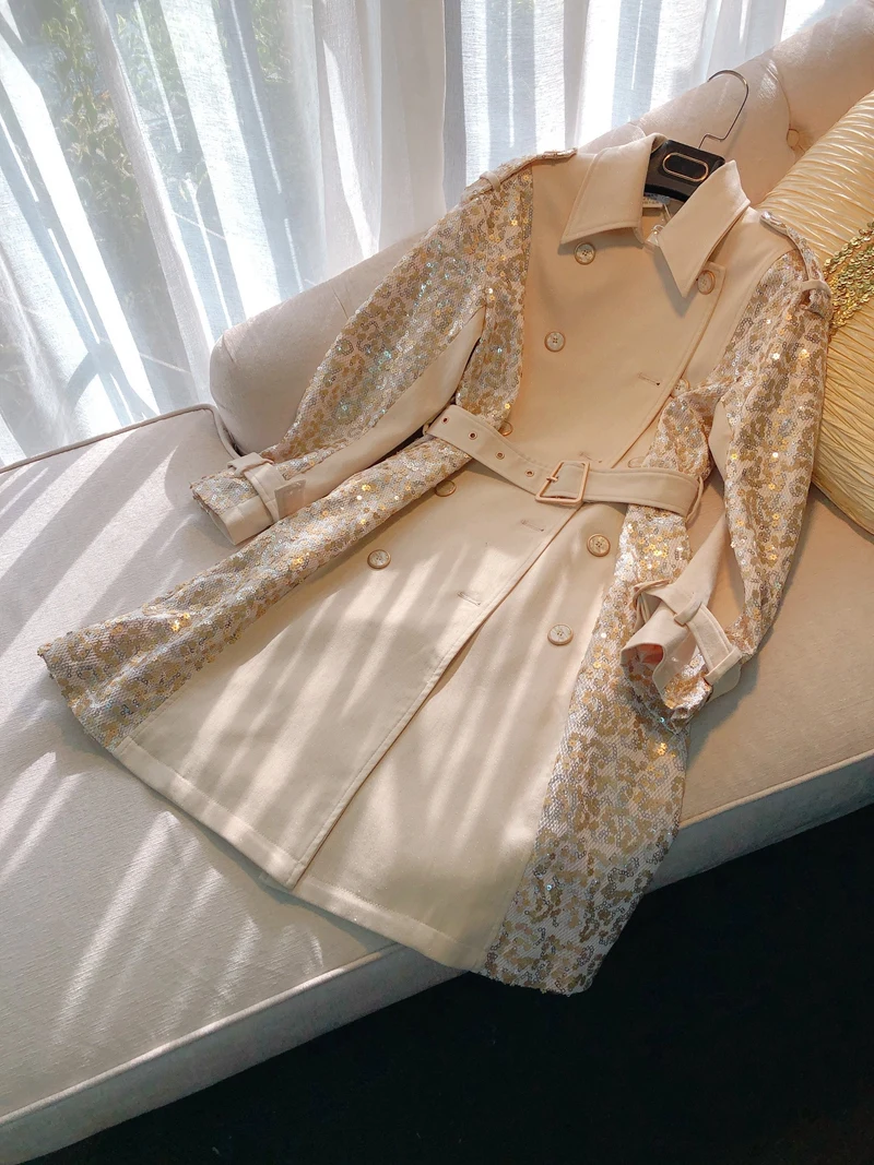 Brand fashion women's high-end luxury autumn Vintage elegant stitching sequin casual windbreaker Trench Coat