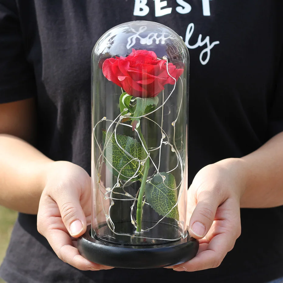 Искусственные цветы красота и чудовище вечный цветок Роза День Святого Валентина подарок с Свадебные украшения Роза в фляге стеклянный купол для