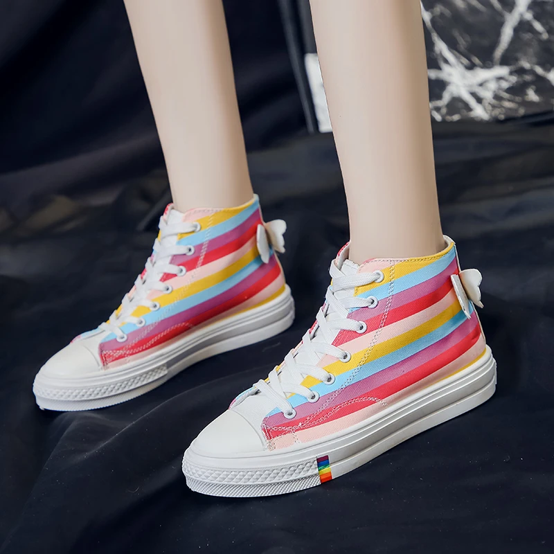 

Round Toe Canvas Rainbow Shoes Comfortable Rubber Flat Shoes Women Casual Lace-up Sneakers Women Flats Autumn Women Shoes PU NEW