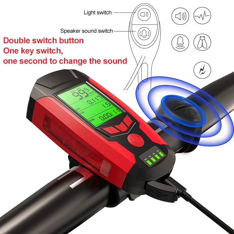 Bicycle Light Riding Flashlight Strong Light Headlight USB Charging With Horn Stopwatch Night Riding Mountain Bike Light Warnin