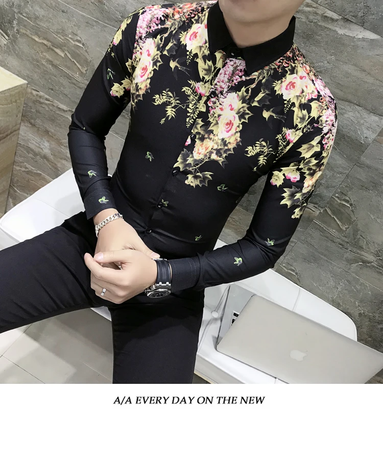 Social Men Club Prom Shirt Kemeja Pria Luxury Flower Printing Shirt Men Black White Long Sleeve Camisa Masculina Chemise Homme