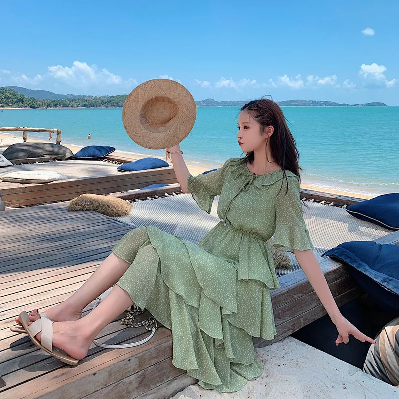 

Dress 2019 New Style Summer Peter Pan Collar Cake Dress Retro High-waisted Medium-length Chiffon Hipster French Platycodon Grand