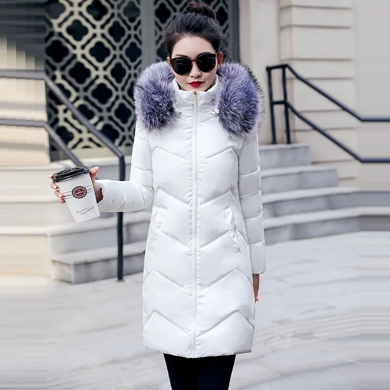 Новинка, зимняя женская куртка с меховым воротником, Дамское зимнее пальто с капюшоном, теплая длинная верхняя одежда, зимняя хлопковая куртка, женские теплые парки - Цвет: white 3