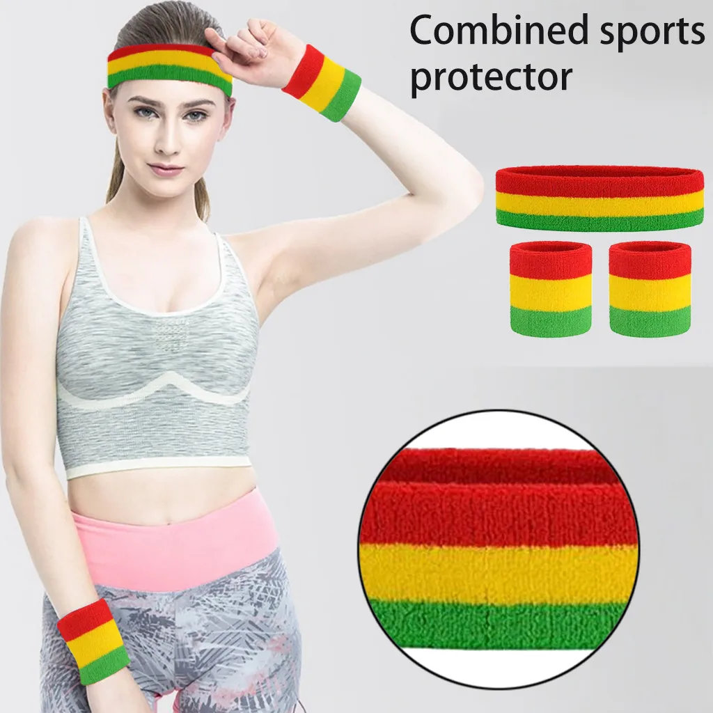 Unisex Sweatband Set- 1 Headband personality Soft and comfortable And 2 Wristbands Cotton for Sports Patchwork
