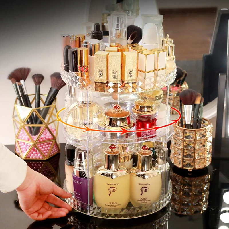  360 Degree Rotating Cosmetic Storage Box Makeup Organizer Cosmetics Storage Rack Fashion Crystal he