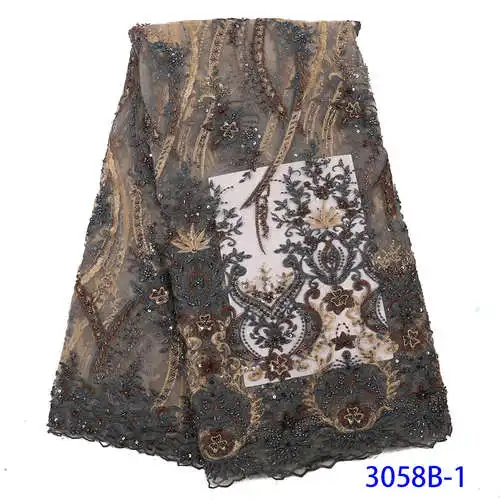 Elegant frican Handmade Beaded Embroided Lace Fabric In Fabric High Quality Teal Green Nigerian Lace Fabrics Cheap NA3058B-2 - Цвет: Picture -1