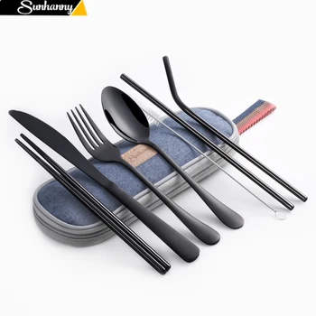 

Dinnerware Set Travel Camping Cutlery Set Reusable Silverware with Metal Straw Spoon Fork Chopsticks and Portable Case