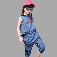 Джинсовый костюм для девочек; летний костюм для девочек с вышивкой; одежда для детей-подростков 6, 8, 12 лет; повседневная одежда без рукавов для девочек