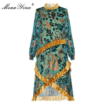 

MoaaYina Fashion Designer dress Spring Autumn Women's Dress Stand collar Long sleeve Floral Flocking Vintage Loose Dresses