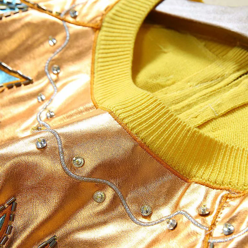 VERDEJULIAY Runway Yellow Sweater Autumn Winter Fashion New Luxury Beading Diamonds Patch European Top