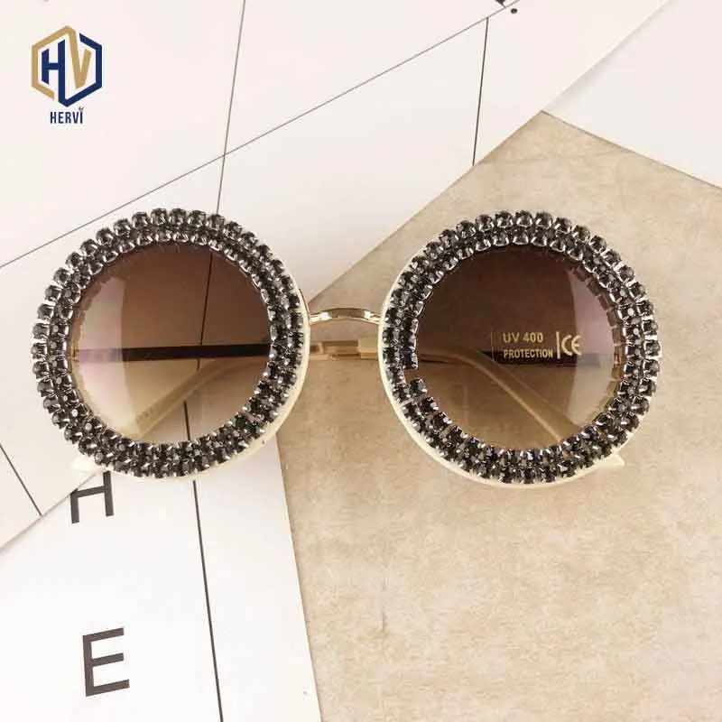 Fashion Round Women Sunglasses Lady Metal Rhinestone Decoration Big Frame Sun Glasses Gradient Eyeglasses UV400 | Аксессуары для