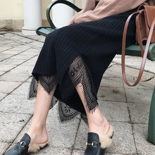Женская модная Осенняя юбка кружевная Лоскутная Повседневная Длинная юбка Вязанная женская черная элегантная jupe mujer вязаные юбки зима