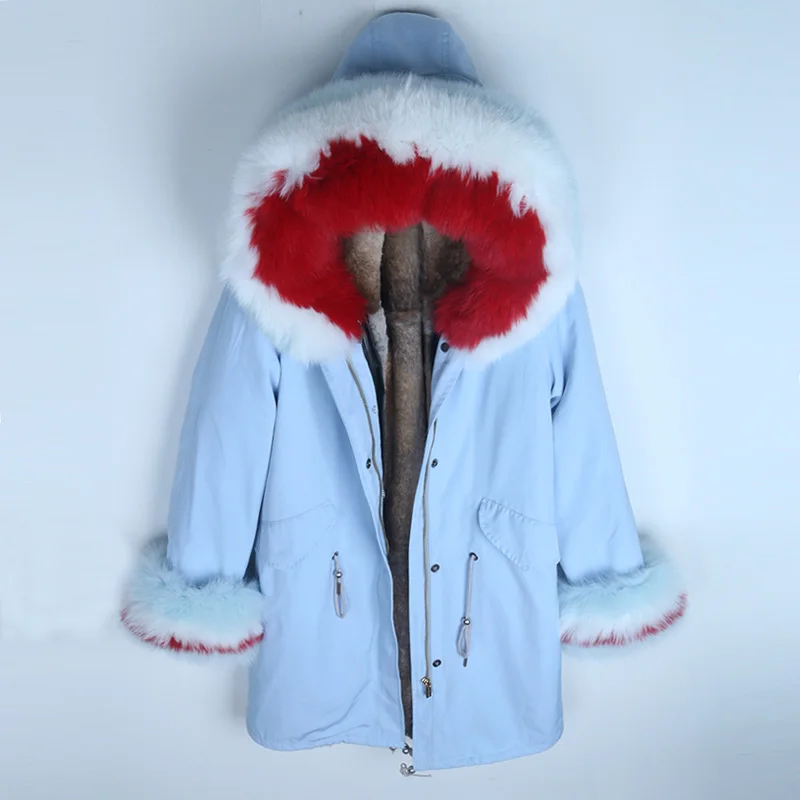 7 sky blue coat Длинная парка, зимняя куртка для женщин, натуральный Лисий мех, воротник, капюшон, пальто из кроличьего меха, съемная уличная одежда, новинка - Цвет: 7 sky blue coat
