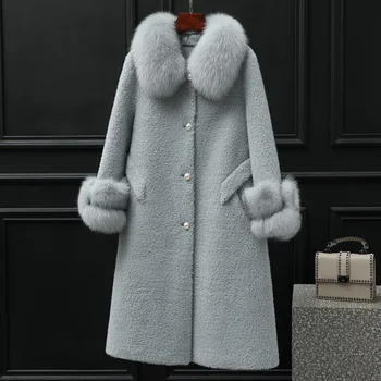 

Real Fur Coat Female Elegant Long Sheep Shearing Jacket Women Winter Fox Fur Collar Clothes 2020 Korean 100% Wool Top Hiver 9196