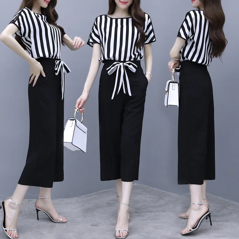 

2019 Summer Wear New Style Network hong yang Gas by Age Striped Shirt-Style French Hepburn Chiffon Loose Pants Two-Piece Set