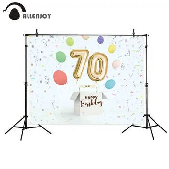 

Allenjoy Grand Event Background Cloth 70 Year Happy Birthday Balloons Ribbon Box Photobooth Adult Celebration Party Decorations