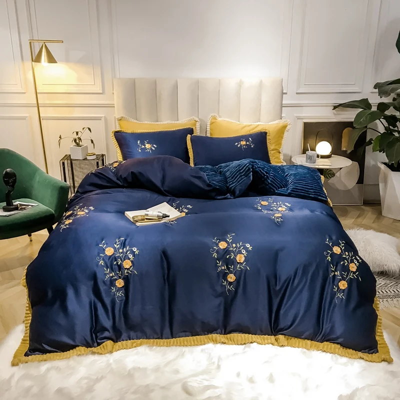 

Floral Embroidery Navy Comforter Cover set Queen King size Cotton Fleece Warm Bedding set Bed sheet set with 2 Pillow Shams