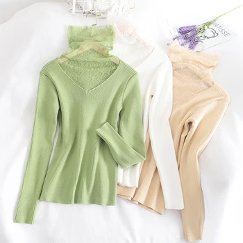 

chic women lace collar sweaters slim body women knitted pullovers hollow out lace patchwork sweater knitwear femme tops