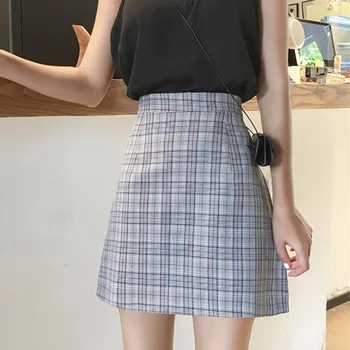 

B 2020 Women Skirt Summer Above Knee Mini Vintage High Waist A-Line Wild Plaid Print Skirt Casual Ladies Mini Skirts faldas