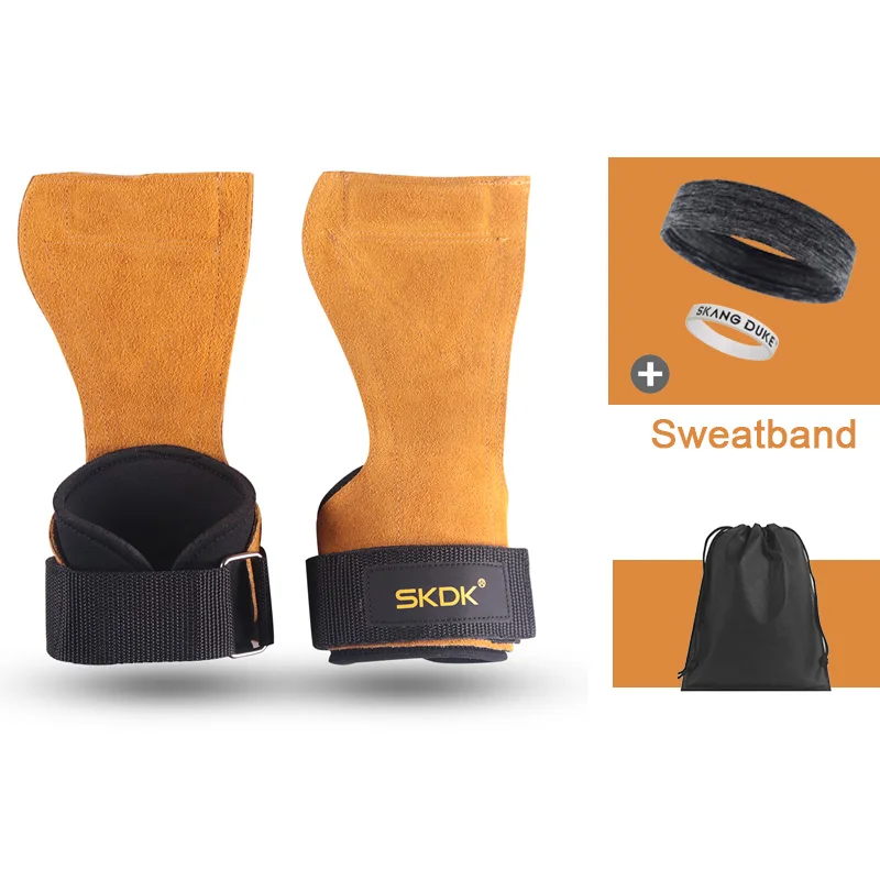 SKDK, 1 пара, перчатки для спортзала из воловьей кожи, противоскользящие, для тяжелой атлетики, накладки, для тренировки, кроссфита, Перчатки для фитнеса, защита ладони - Цвет: Yellow and Sweatband