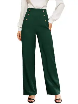 

Green Double-breasted Straight Leg Solid Long Pants Women Autumn High Waist Straight Leg Office Ladies Elegant Trousers