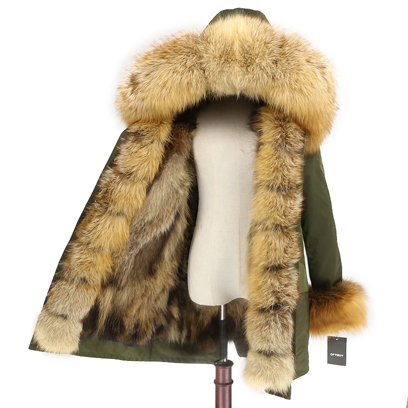 OFTBUY, водонепроницаемое пальто с натуральным мехом, длинная парка, зимняя куртка для женщин, натуральный мех енота, воротник, капюшон, подкладка из лисьего меха, теплая уличная одежда - Цвет: green gold