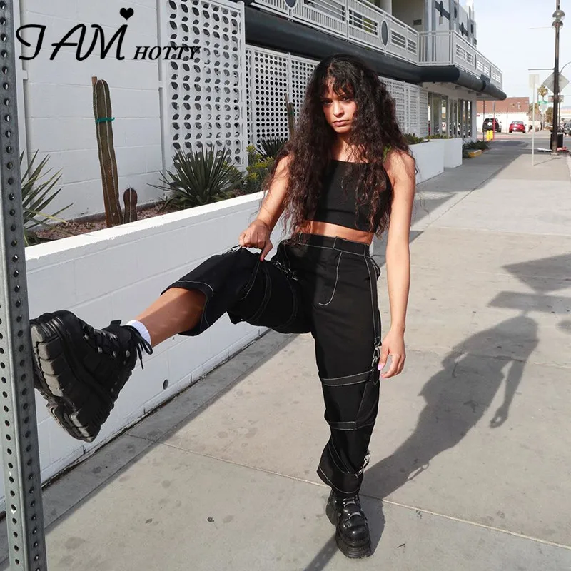 

IAMHOTTY Black Solid Pockets Hip Hop Women's pants High Waist Boyfriend Wide Leg Joggers Streetwear Fashion Trousers Cargo Pants