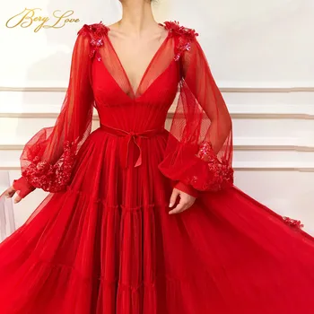 

Sexy Red Prom Dresses Appliques V Neck Illusion Lantern Sleeves Evening Dresses Velvet Ribbons Vestidos Christmas Party Dress
