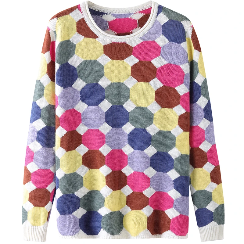 

Wool Bend Sweater Women 2019 Autumn Winter Geometric Color Block O-Neck Women Sweaters and Pullovers Loose Sweater Sueter Mujer
