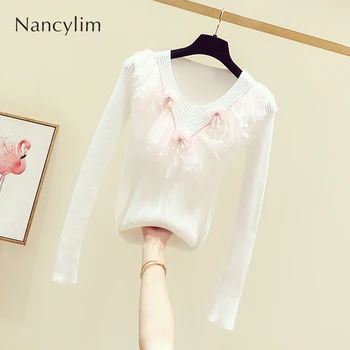 

2019 Autumn Winter Classic Jumper for Women New Sweet Mesh Beads Flower Decoration V-collar Long-sleeved Knitted Shirt Femme