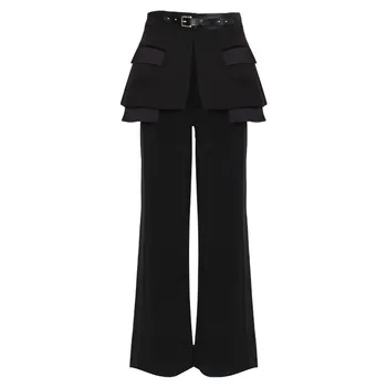 

OUSHANG20202020 Spring Trouser For Women's Wide Leg Pants With Belts High Waist Loose Hit Colors Pants Female Elegant Clothes