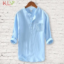 Блузка рубашка Для мужчин из хлопка и льна однотонный топ с длинными рукавами и зима-осень Повседневное рубашка Харадзюку Hombre уличная одежда 19Aug