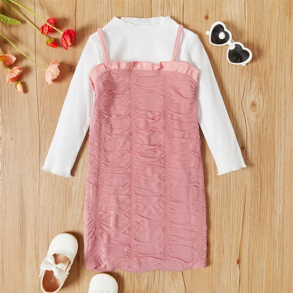 2021 2-piece Toddler Girl Basic Ribbed White Long-sleeve Top and Ruffled Strap Bodycon Dress Set | Детская одежда и обувь