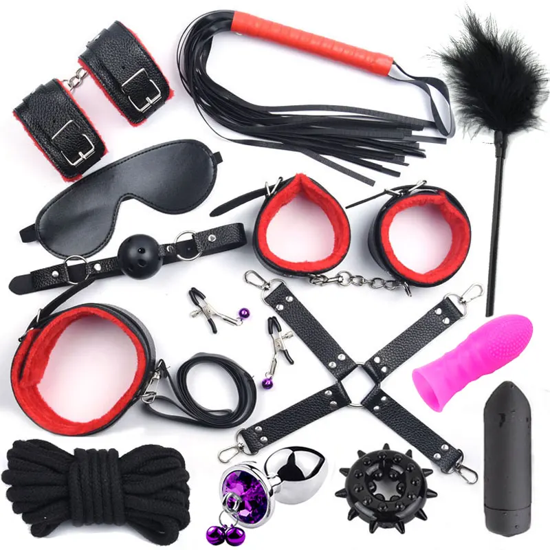 14 PCS BDSM Bondage Sex Toys for Woman Metal Anal Plug With Bell Handcuffs Whip Vibrator Set Adults Game Goods |