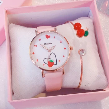 

Watch Girls Strawberry Love Kids Watches Leather Strap Cute Children's Wristwatches Cherry Bracelet Gifts for Kids Girl ulzzang