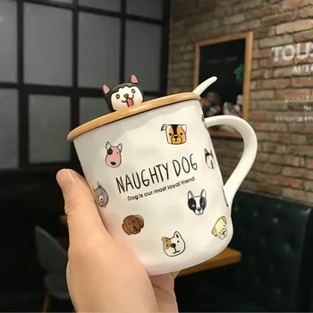 

Cute Puppy Ceramic Cups Creative Coffee Mug with Lid Spoon 360ml High Temperature Resistant Household Office Breakfast Milk Mugs