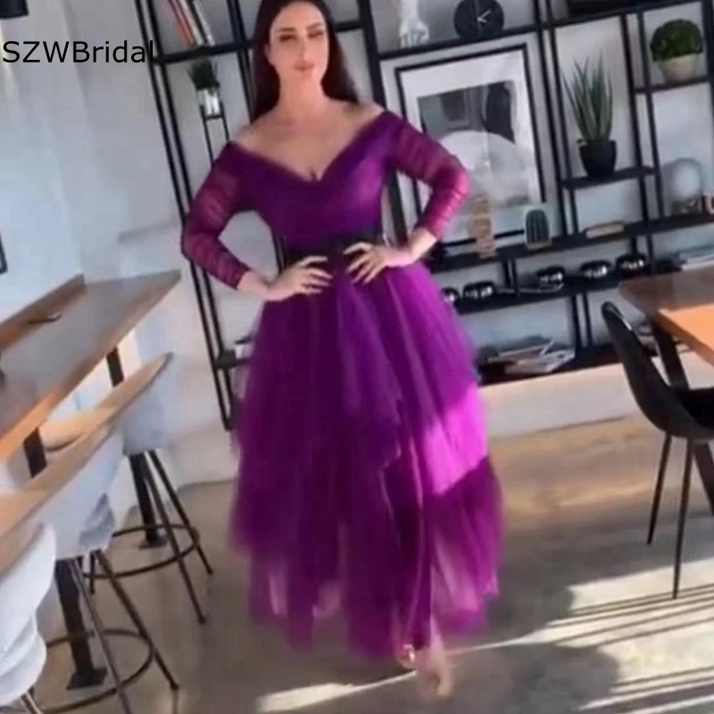 

New Arrival V Neck Long sleeve Evening dresses Short Women dress long elegant Party Prom Plus size Evening gowns