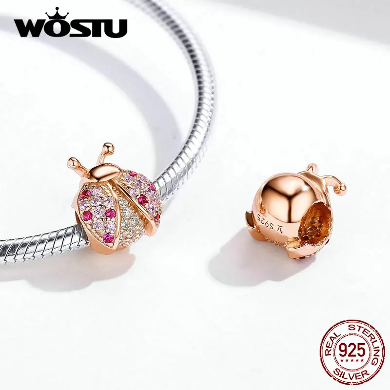 WOSTU, 925 пробы, серебряные, божья коровка, подвески, розовое золото, розовый циркон, бусины, подходят к оригинальным браслетам, подвеска, свадебные ювелирные изделия, DXC1120-C