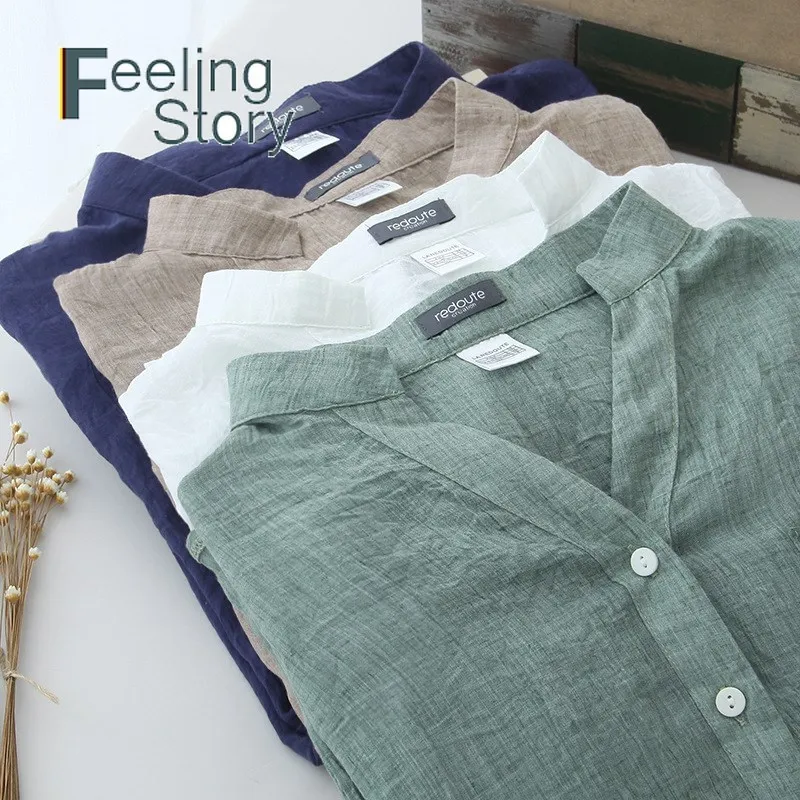 Suelto Casual para Mujer Tops y blusas Harajuku Plus tamaño blanco blusa camisa sol protección de lino de algodón con cuello en V de camisas blusas