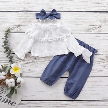 

0-18M Autumn Baby Girl Adorable Flare Sleeve T-shirt Tops Trousers Headband Outfits Clothes Cotton