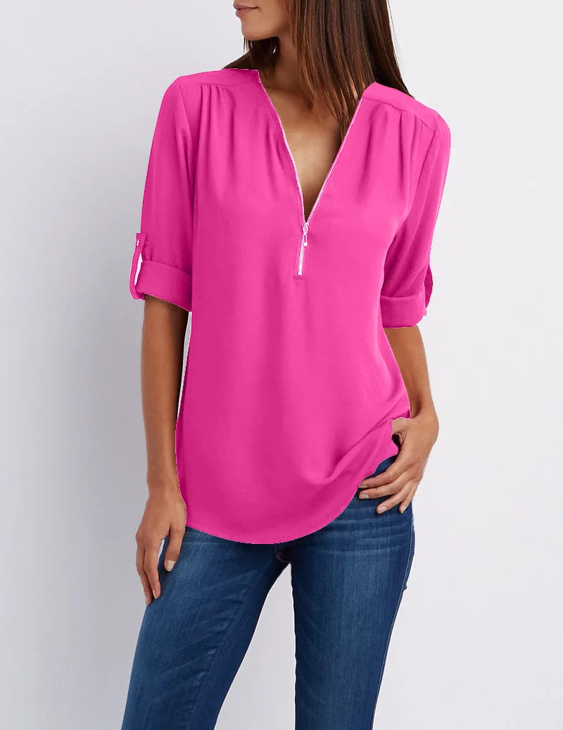 S-5XL Women Chiffon Blouse Casual Half Sleeve V-Neck Zipper Blue Irregular Loose Shirts Summer Autumn Sexy Tops Plus Size Shirts