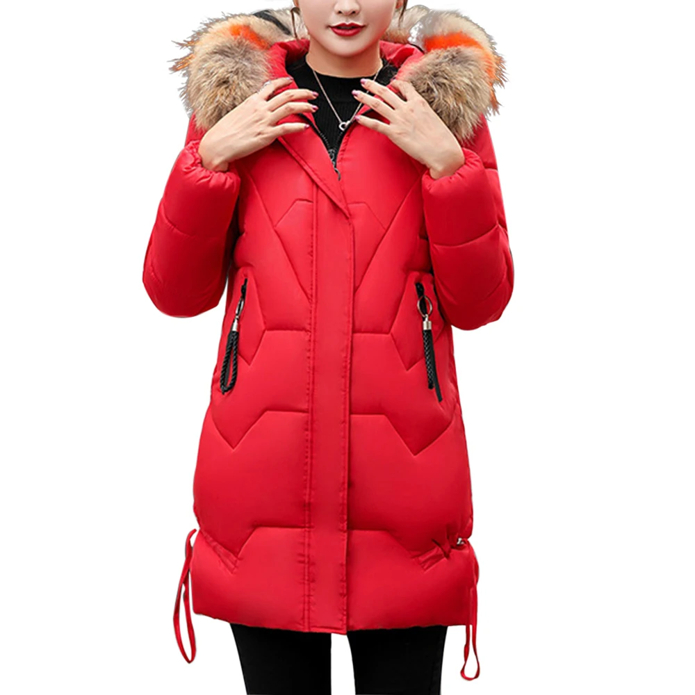 MoneRffi, зимняя куртка, женская, теплая, с капюшоном, с меховым воротником, повседневная, парка, пальто, однотонный, с хлопковой подкладкой, на молнии, с карманом, красная, парка, Женская куртка - Цвет: red