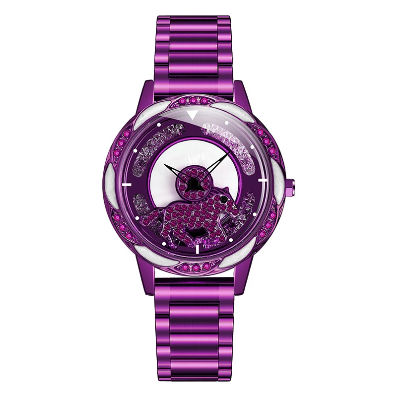 Purple 01 SANDA, модные роскошные женские часы, украшение в виде милой лошади, вращающийся циферблат, жизнь, водонепроницаемые, кварцевый механизм, Relogio Feminino 1024 - Цвет: Purple 01