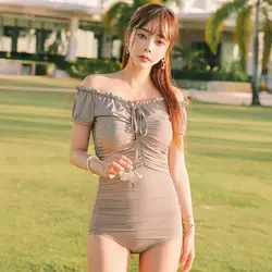 Корея 2019, винтажный Цельный купальник с открытыми плечами, женский сексуальный бандажный купальник с пышными рукавами, пляжная одежда, боди