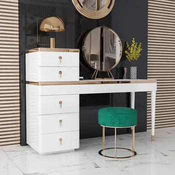 

Modern Style Bedroom Woman Makeup Dressers White Color Dressing Table Stool 3 Pieces Mirror Dresser with Chair Set