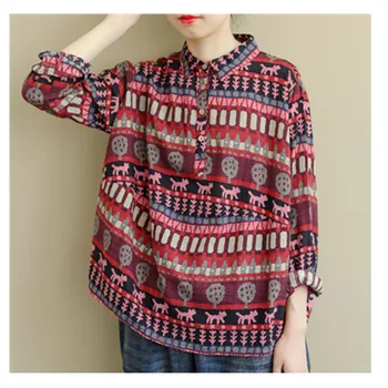 

2020 Spring irregular printing tops large size wild casual loose new literary ethnic style long-sleeved shirt notched