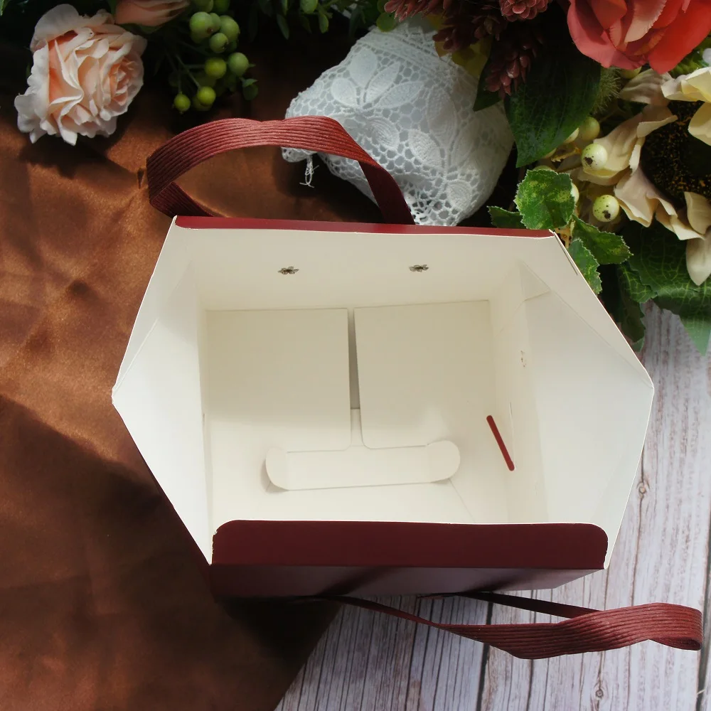 2 Size 5pcs Wine Flower Black Style Paper Box with Handle Roll Cake Candy Cookie Chocolate Gift Packaging Wedding Use