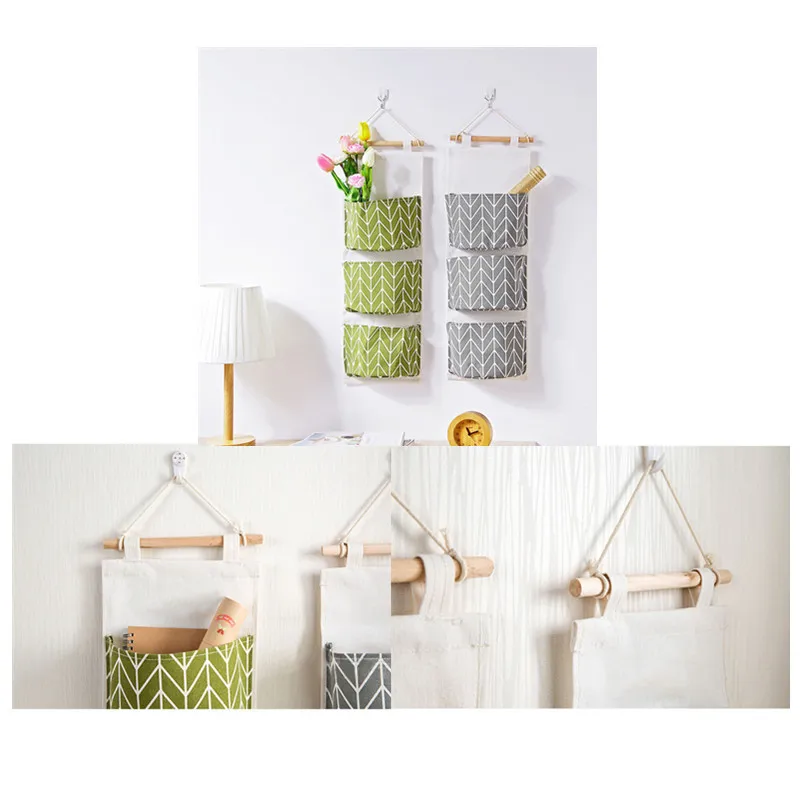 Настенная сумка для хранения с 3 карманами хлопковый льняной дверной органайзер