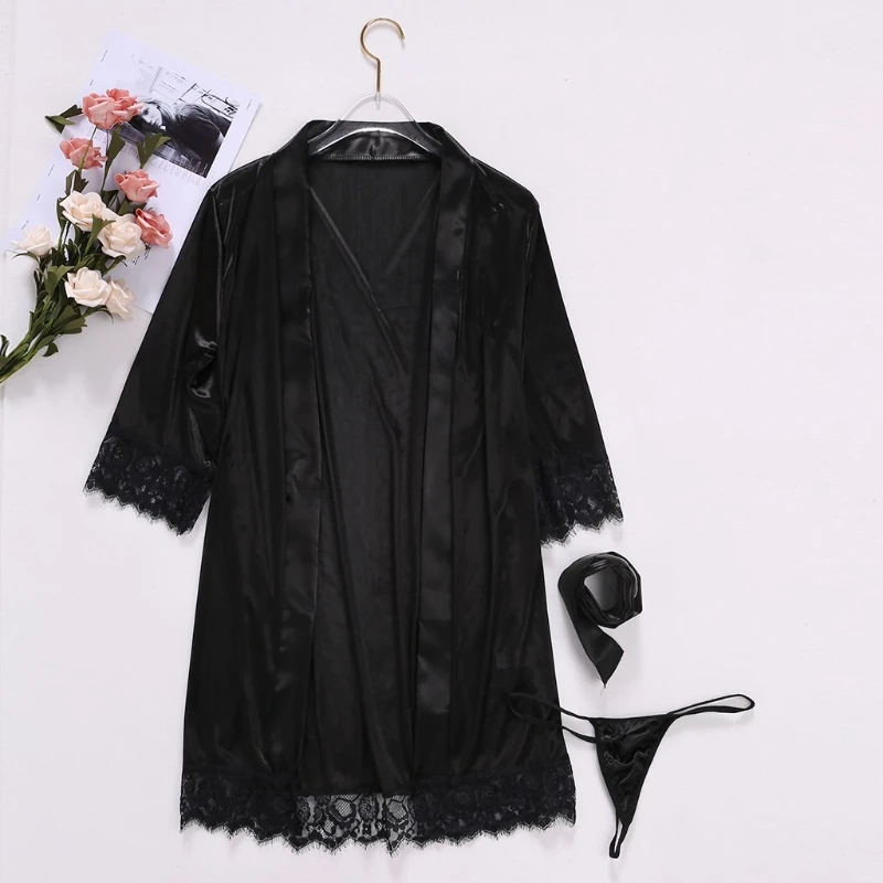 Women Sexy Wedding Dress Gown Short Ice Silk Bride Robe Lace Kimono Nightwear Women Sexy Wedding Dress Gown Short Ice Silk Bride Robe Lace Kimono Nightwear